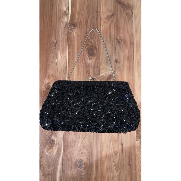 Vintage Black Beaded Clutch Handbag with Chain Strap Kiss Closure Hong Kong - Picture 1 of 10